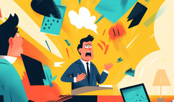 Ein präsentierender Mann zeigt Anzeichen von Panik, während unidentifizierbare Fragmente um ihn herumfliegen.