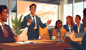 A group of business people are gathered in a large conference room, attentively listening to a presenter.