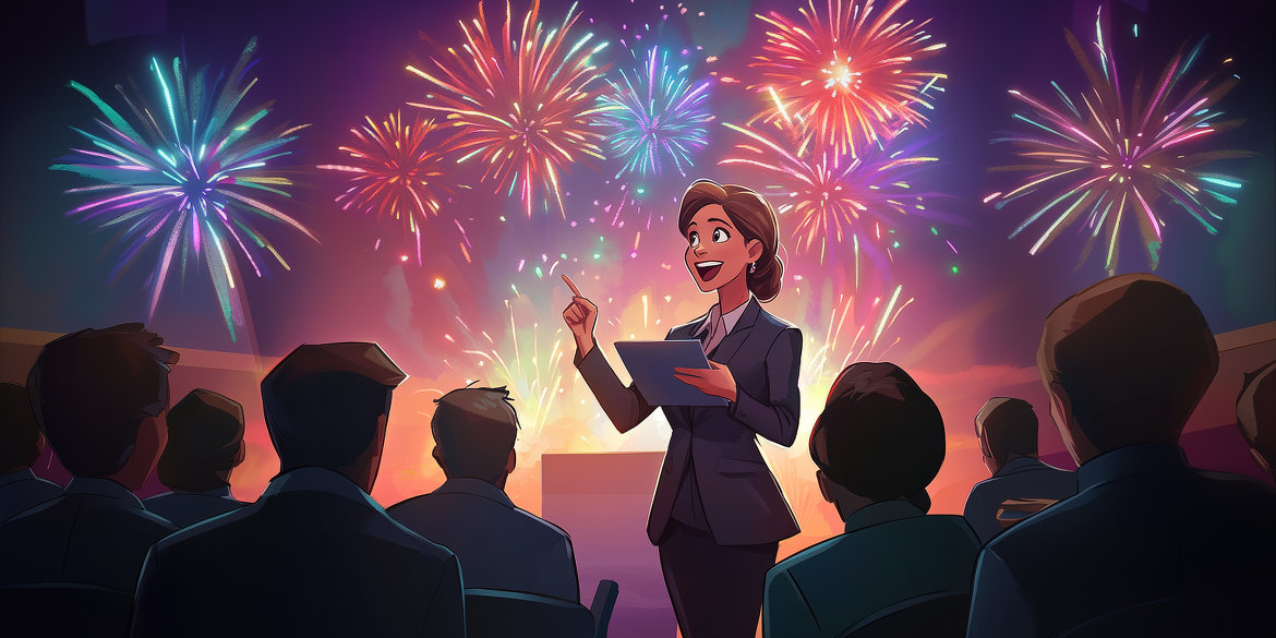 Eine Frau im Anzug hält eine Präsentation vor Publikum. Hinter ihr ist ein riesiges Feuerwerk.