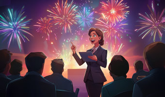 A woman in a suit gives a presentation in front of an audience. Behind her is a huge firework display.