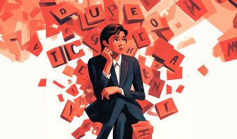 Eine Frau im Anzug sitzt in nachdenklicher Pose in der Mitte des Bildes. Um sie herum schweben Würfel mit Buchstaben.