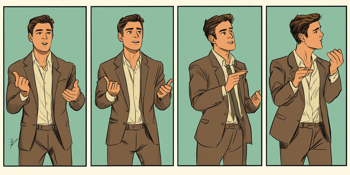 Eine Serie von vier Bildern, die einen Präsentierenden mit unterschiedlicher Mimik und Gestik zeigen.