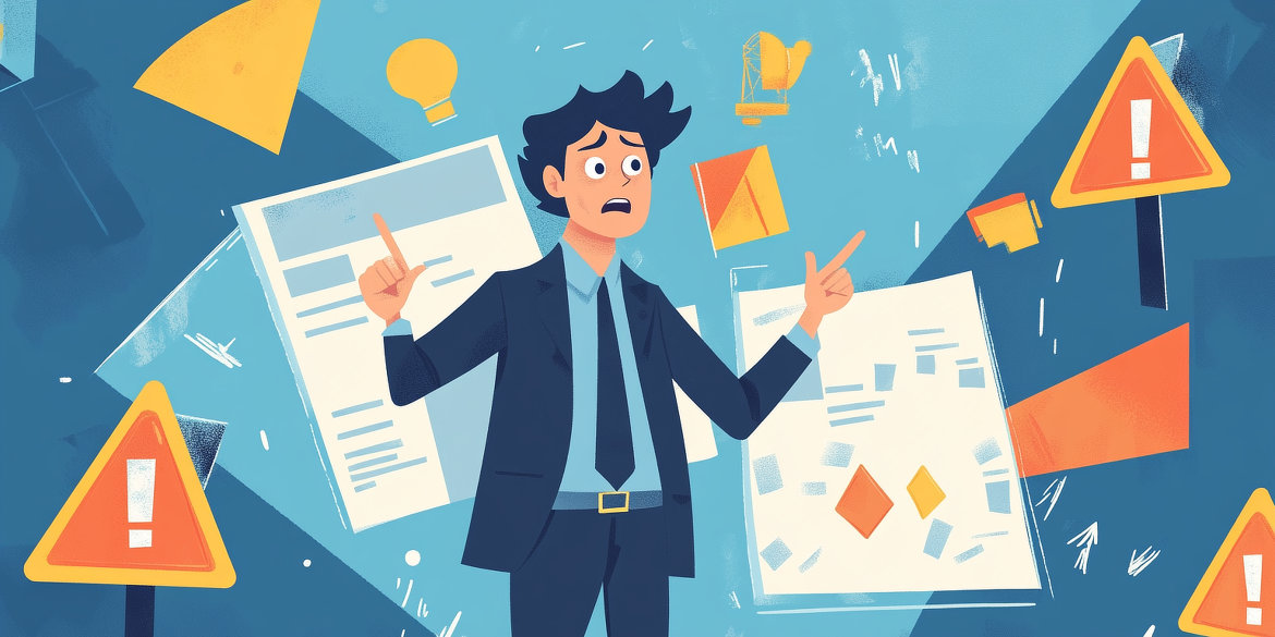 Präsentator mit Notfall-Strategien meistert herausfordernde Präsentationssituationen symbolisiert durch Warn-Symbole