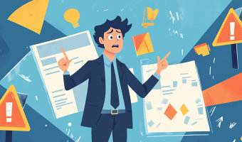 Ein Mann im Anzug hält eine Präsentation. Um ihn herum schweben mehrere Warndreiecke, die er nervös von der Seite beäugt.