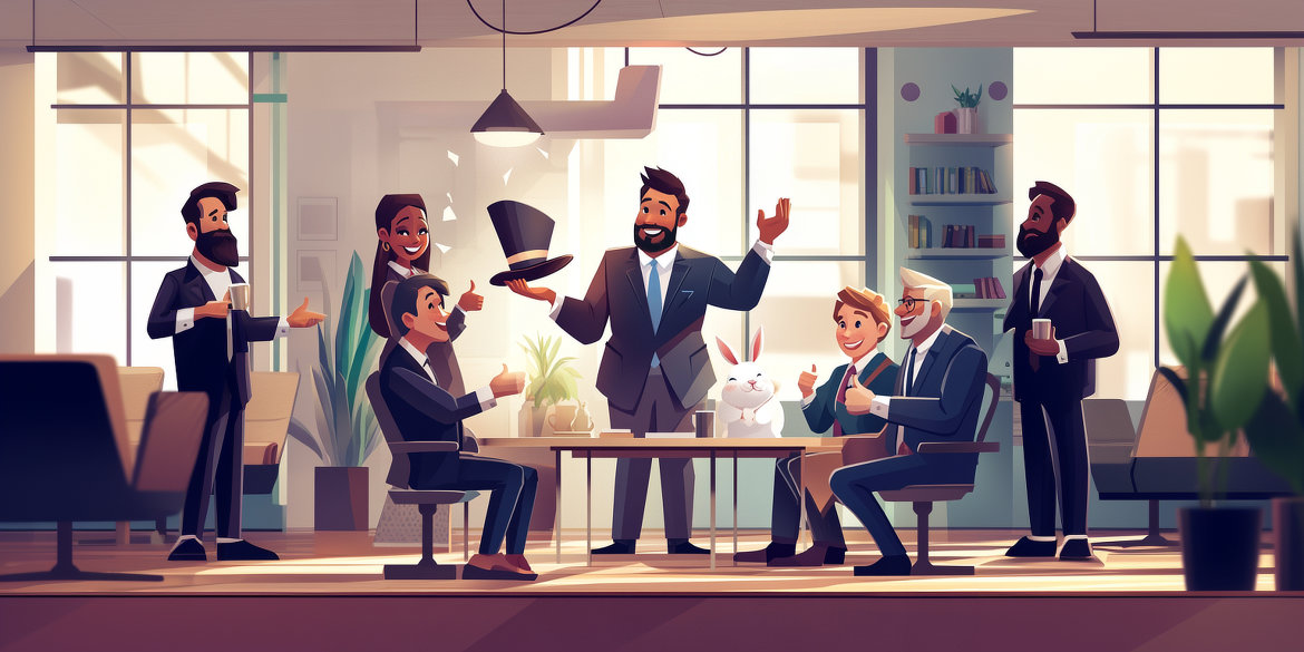 Ein präsentierender Mann im Anzug führt Zaubertricks mit einem Hut und einem Kaninchen vor, während seine Kollegen zusehen.