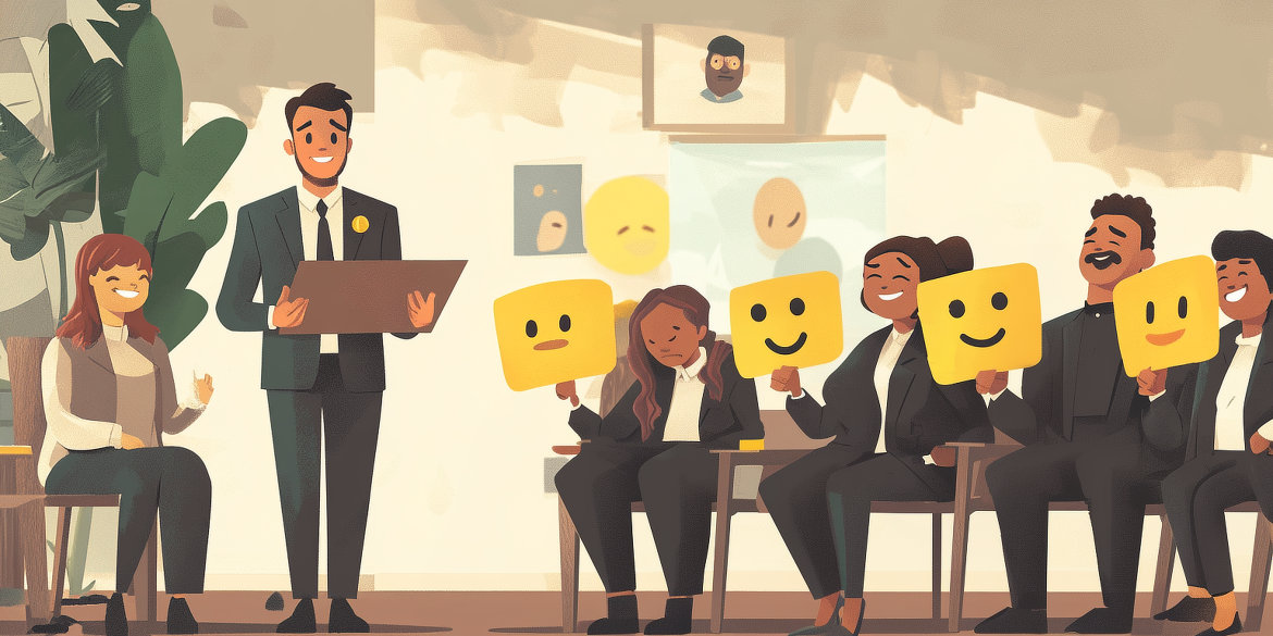 A man in a suit gives a presentation facing a seated audience which holds signs up with happy and sad smileys.