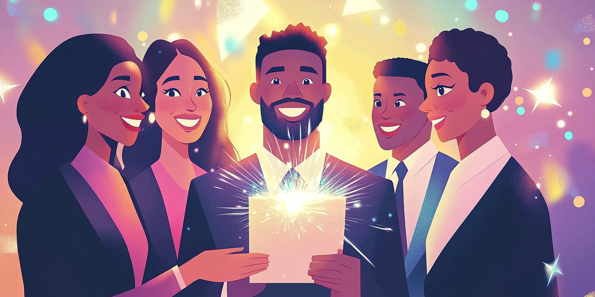 Ein Geschäftsmann hält stolz ein glitzerndes Handout vor einer Gruppe von Menschen, die beeindruckt sind.