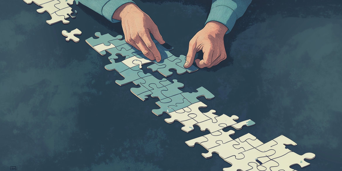 Zwei Hände legen eine Reihe von Puzzlestücken.