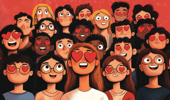 Gesichter eines Publikums, das aufmerksam zuhört und lächelt. Viele habne Herzen statt Augen.