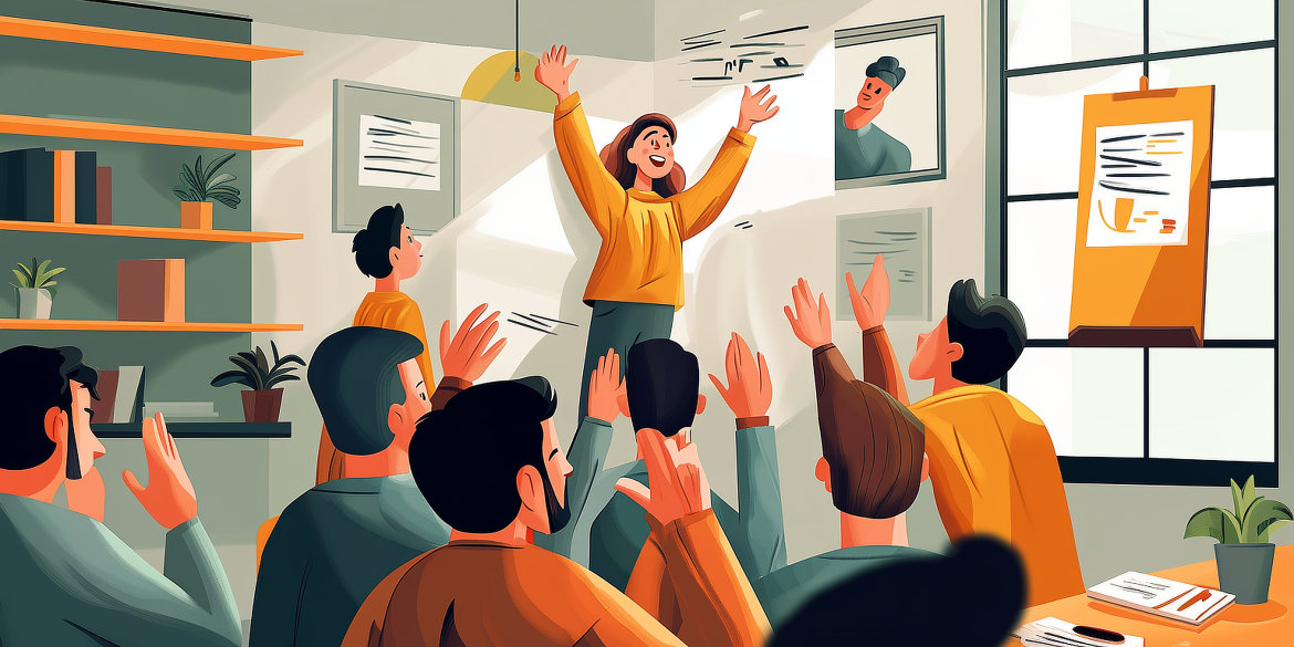 A woman stands in an office in front of an applauding audience and raises her arms in jubilation.