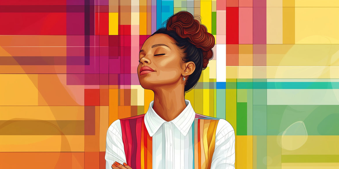 A woman in a white blouse and colorful vest stands deeply relaxed in front of a wall full of color patterns.