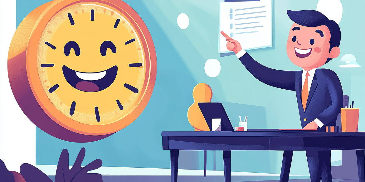 Ein Mann präsentiert hinter einem Schreibtisch während eine große, fröhliche Uhr neben ihm schwebt.